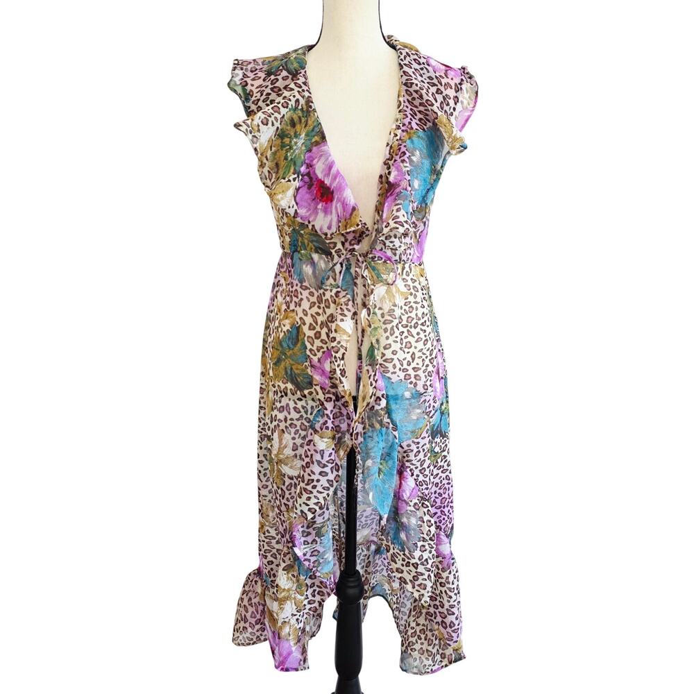 Live 4 Truth Leopard & Floral Print Sheer Swim Cover Up Ruffle Kimono Sz Medium